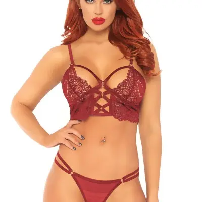2 Pc Lace Bralette With Cage Strap O-Ring Bodice Detail and Matching G-String - Burgandy - Small/ Medium