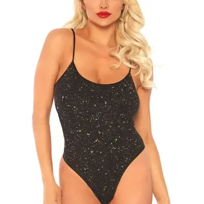 Shimmer Lurex Opaque Thong Back Bodysuit - Black/gold - One Size
