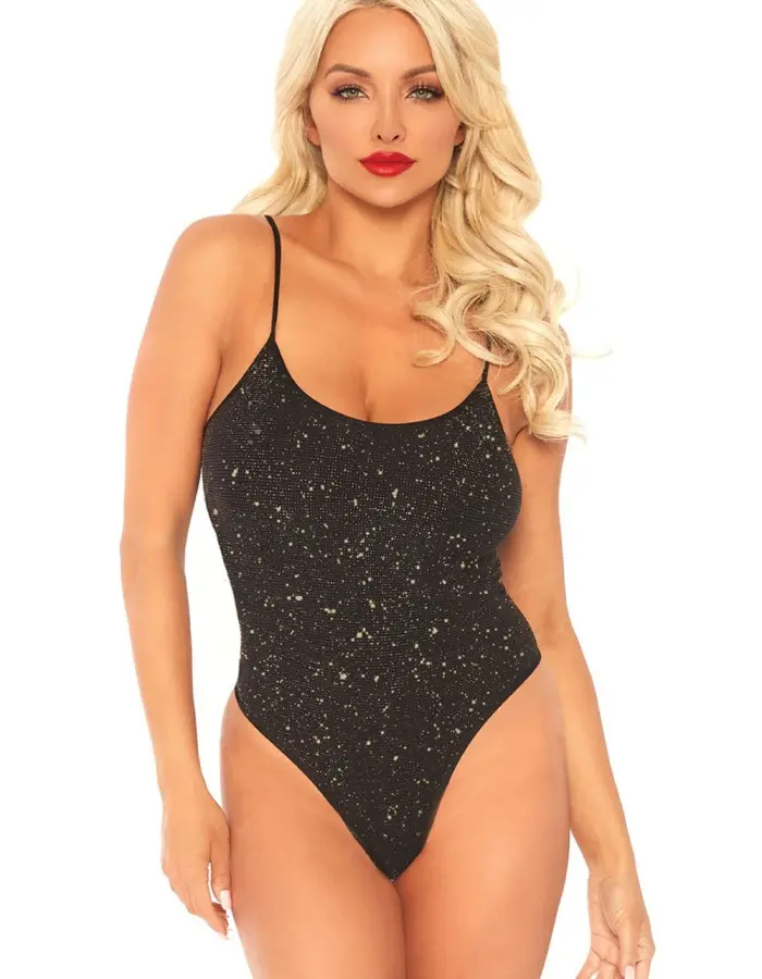 Shimmer Lurex Opaque Thong Back Bodysuit - Black/gold - One Size