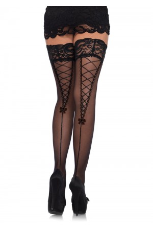 Stay Up Lace Top Sheer Thigh Highs With Faux Lace  - One Size - Black