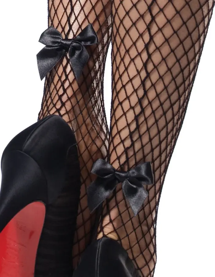 Stay Up Industrial Net Backseam Thigh Highs With Lace Top and Satin Bow Accent - One Size - Black