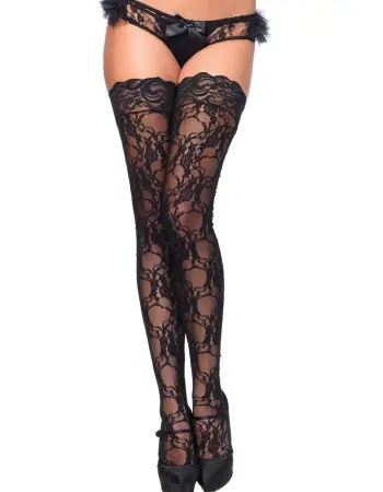 Stay Up Floral Lace Thigh Highs - One Size - Black
