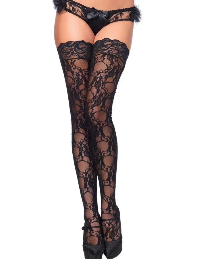 Stay Up Floral Lace Thigh Highs - One Size - Black