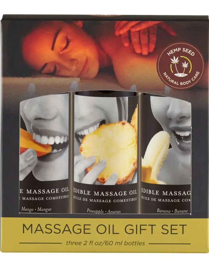 Edible Massage Oil Gift Set Box - 2 Fl. Oz. Bottles - Banana, Mango, Pineapple