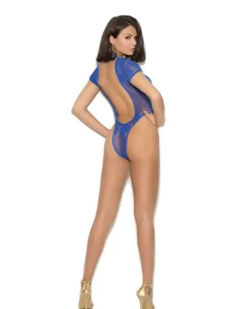 Short Sleeve Deep v Lace Teddy - One Size - Blue