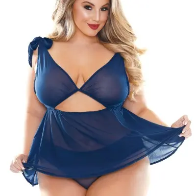 Mavi Shoulder Tie Babydoll and Matching Panty - Navy Blue - 3x/4x