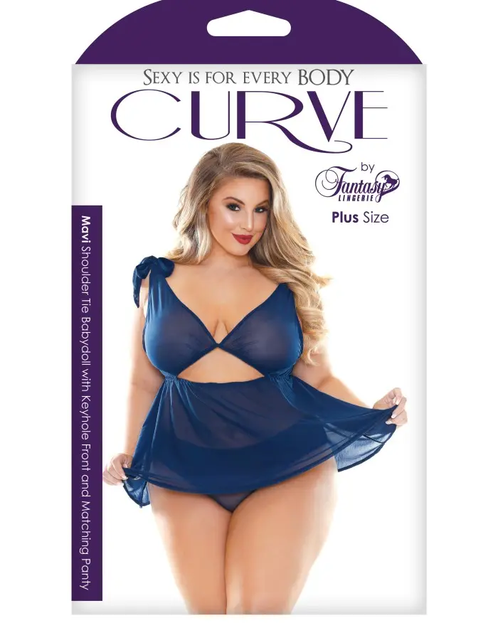 Mavi Shoulder Tie Babydoll and Matching Panty - Navy Blue - 3x/4x
