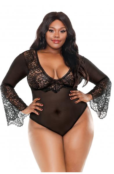 Aurora Bell Sleeved Bodysuit - Black - 1x/2x