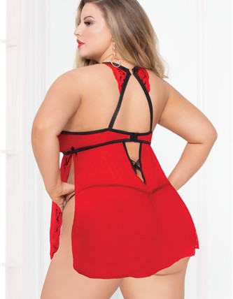Lace & Mesh Babydoll - Black/red - 1x/2x