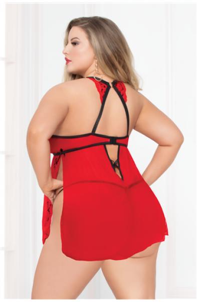 Lace & Mesh Babydoll - Black/red - 1x/2x