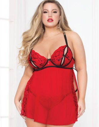 Lace & Mesh Babydoll - Black/red - 1x/2x
