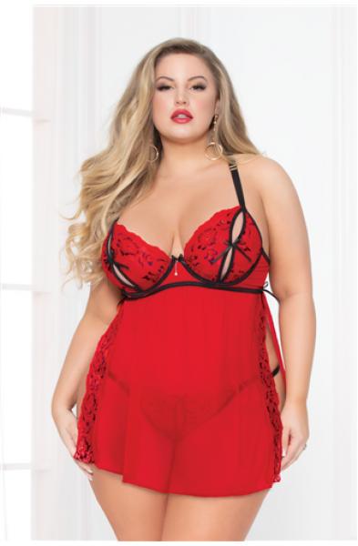 Lace & Mesh Babydoll - Black/red - 1x/2x