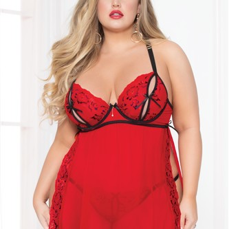 Lace & Mesh Babydoll - Black/red - 3x/4x
