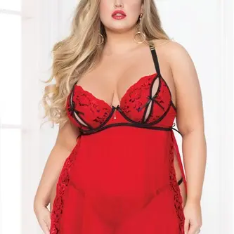 Lace & Mesh Babydoll - Black/red - 3x/4x