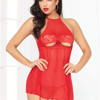 Mesh Babydoll W/thong - Red - One Size