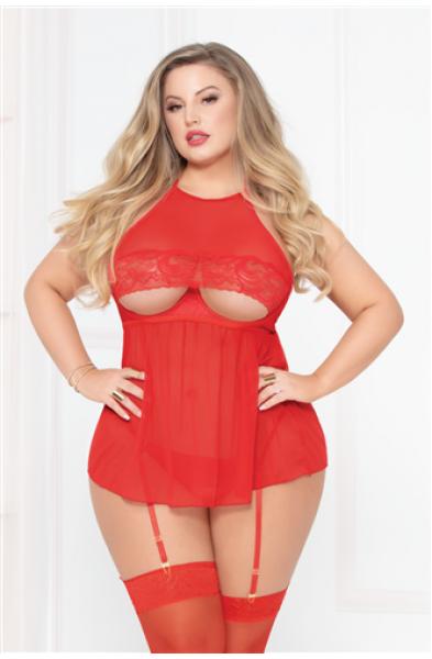 Mesh Babydoll W/thong - Red - Queen Size