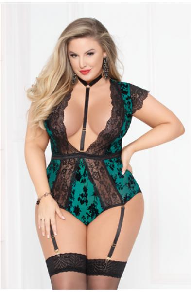 Flocked Mesh Bodysuit W/garter - Green - 1x2x