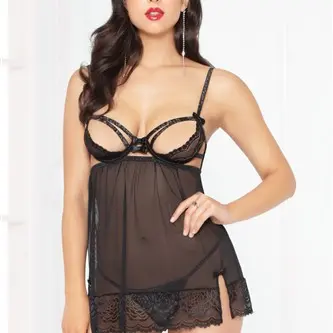Lace Strappy & Mesh Babydoll - Black - Medium