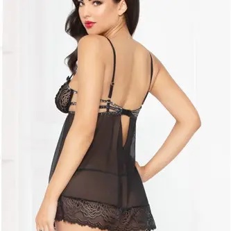 Lace Strappy & Mesh Babydoll - Black - Medium
