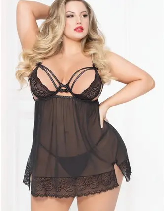 Lace Strappy & Mesh Babydoll - Black - 1x2x