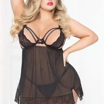 Lace Strappy & Mesh Babydoll - Black - 3x4x
