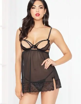 Lace Strappy & Mesh Babydoll - Black - Extra Large