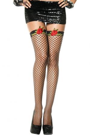 Rose Applique Spandex Mini Diamond Net Thigh Hi - One Size - Black/red