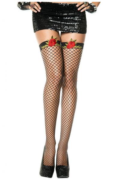 Rose Applique Spandex Mini Diamond Net Thigh Hi - One Size - Black/red