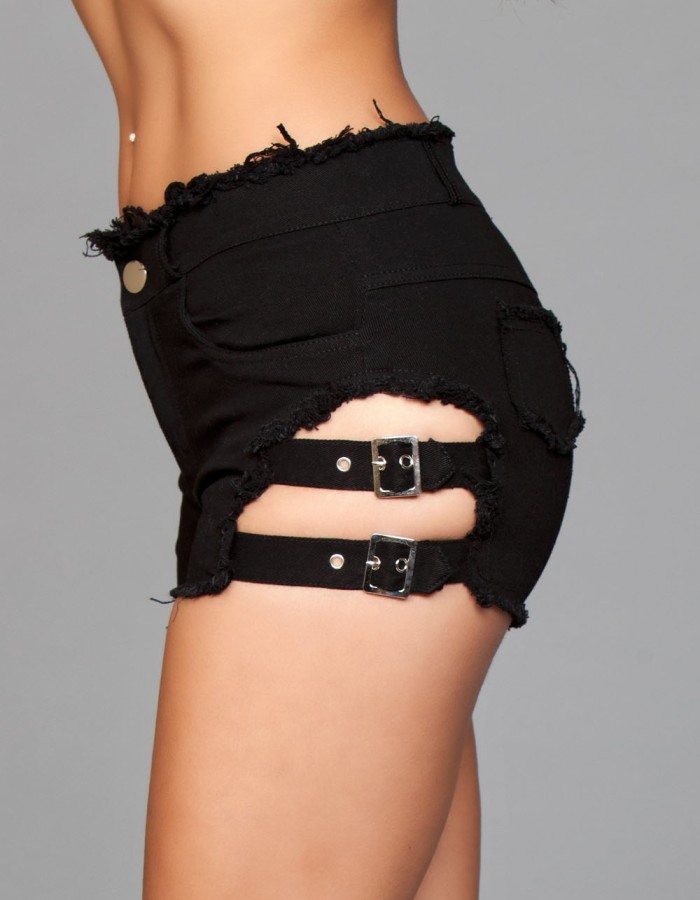 Denim Shorts With Belt Buckle Side Details and Faux Back Pockets - Medium