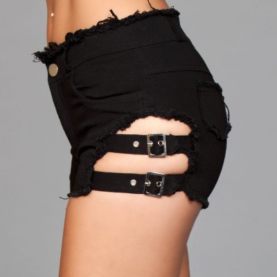 Denim Shorts With Belt Buckle Side Details and Faux Back Pockets - Medium