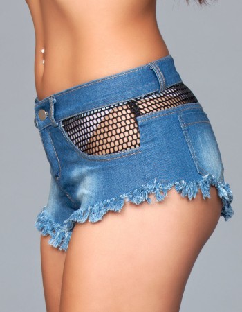 Denim Shorts With Fishnet Top Trimming and Fringe  Bottom Details - Large