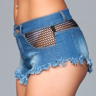 Denim Shorts With Fishnet Top Trimming and Fringe  Bottom Details - Large