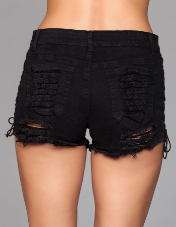 Denim Shorts With Lace Up Side Details and Distressed Details on Front and Back - Large