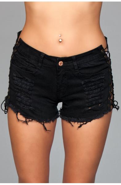 Denim Shorts With Lace Up Side Details and Distressed Details on Front and Back - Small