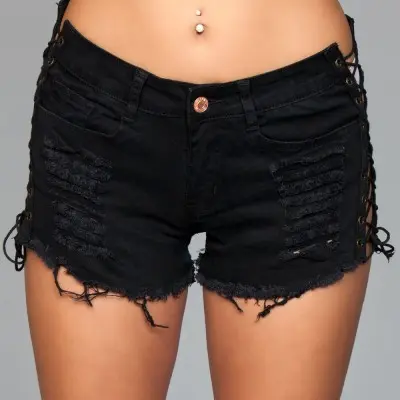 Denim Shorts With Lace Up Side Details and Distressed Details on Front and Back - Small