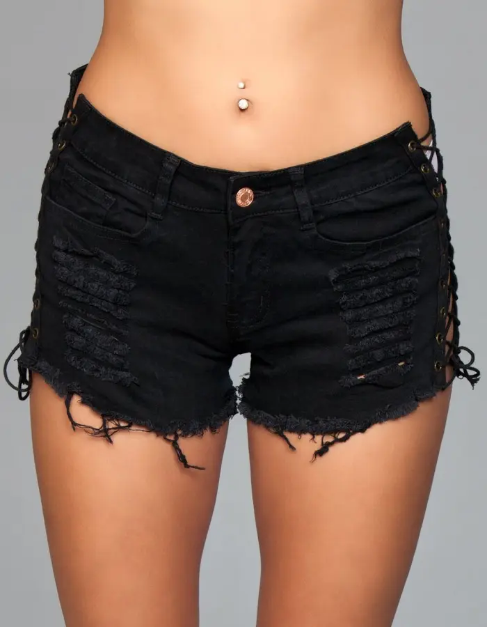 Denim Shorts With Lace Up Side Details and Distressed Details on Front and Back - Small