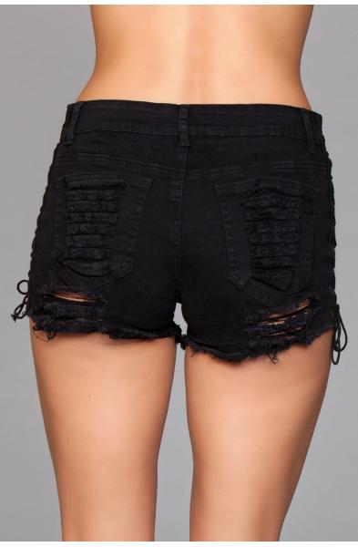 Denim Shorts With Lace Up Side Details and Distressed Details on Front and Back - Small