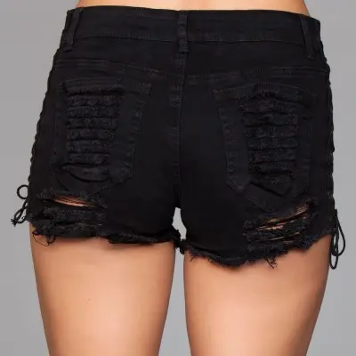 Denim Shorts With Lace Up Side Details and Distressed Details on Front and Back - Small