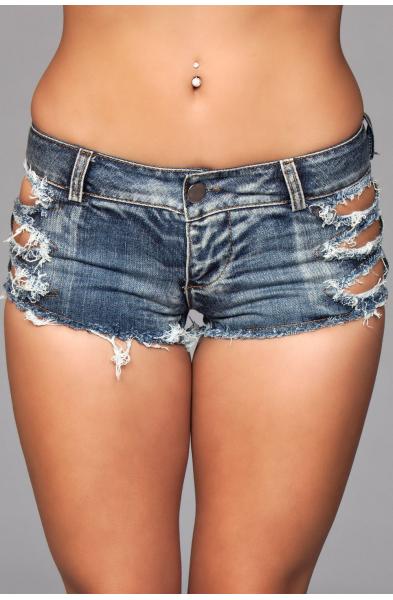 Medium Wash Denim Shorts With Distressed Details on Front and Back Pockets - Medium