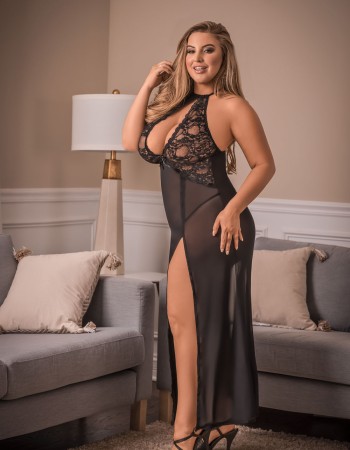 Pure Bliss Keyhole Gown & G-String Set - Queen Size - Black