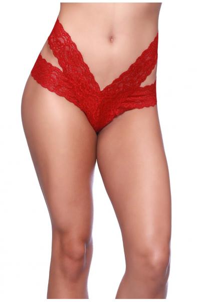 Lace Dual Strap Thong With Functional Tie Waistband - One Size - Red