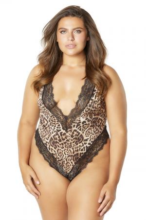 Printed Teddy With Lace Trimmed Plunging Neckline - Leopard/black - 1x2x