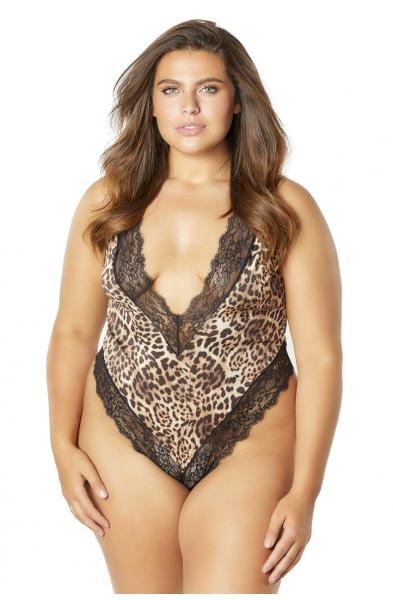 Printed Teddy With Lace Trimmed Plunging Neckline - Leopard/black - 1x2x