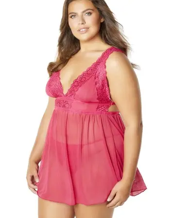 Mesh and Lace Frame Empire Babydoll With G-String - Bright Rose - 1x2x
