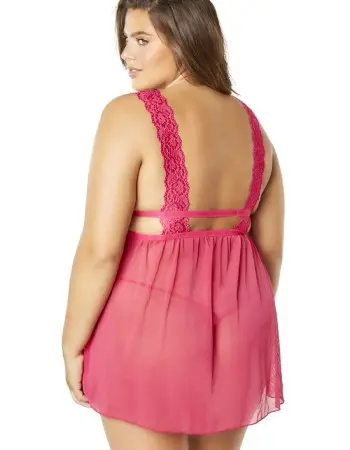 Mesh and Lace Frame Empire Babydoll With G-String - Bright Rose - 1x2x