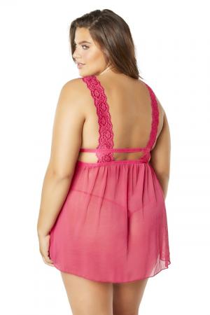 Mesh and Lace Frame Empire Babydoll With G-String - Bright Rose - 3x4x