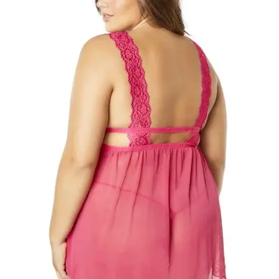 Mesh and Lace Frame Empire Babydoll With G-String - Bright Rose - 3x4x