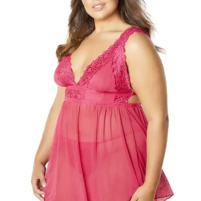 Mesh and Lace Frame Empire Babydoll With G-String - Bright Rose - 3x4x