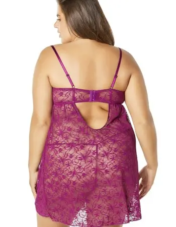 Lace Empire Babydoll With Functional Tie Shelf Cups G-String - Amaranth - 1x2x