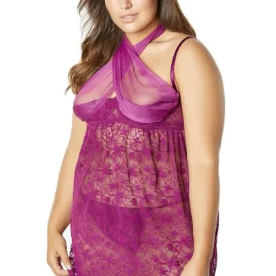 Lace Empire Babydoll With Functional Tie Shelf Cups G-String - Amaranth - 3x4x